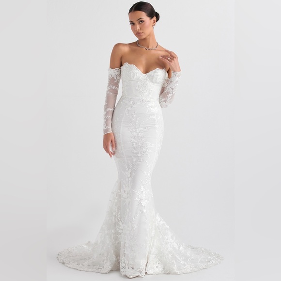 HOUSE OF CB 'Isabelle' White Lace Long Sleeve Bridal Gown NWOT - Picture 9 of 16